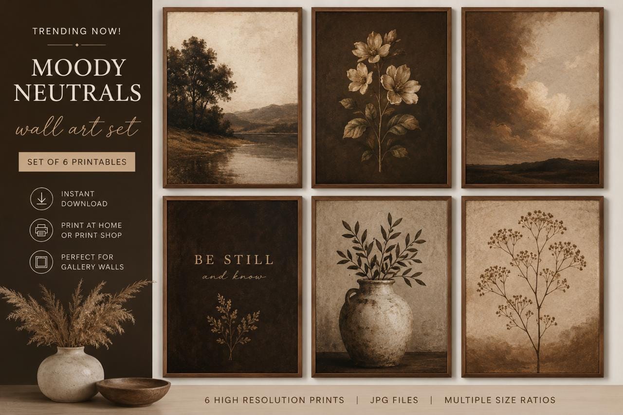 Moody Neutral Printable Wall Art Set of 6 | Vintage Botanical Gallery Wall Prints | Brown Antique Landscape Decor | Instant Download