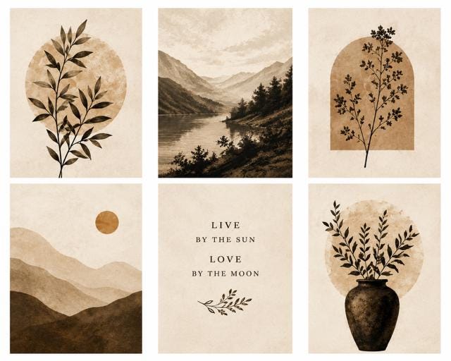 Neutral Aesthetic Printable Wall Art Set of 6 | Boho Botanical Prints | Minimalist Beige Gallery Wall Decor | Instant Download