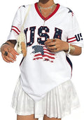 LUKYCILD USA Jersey Shirts for Women Oversized Patriotic Tshirt 4th of July Outfits American Flag Graphic Tee V Neck Y2K Tops