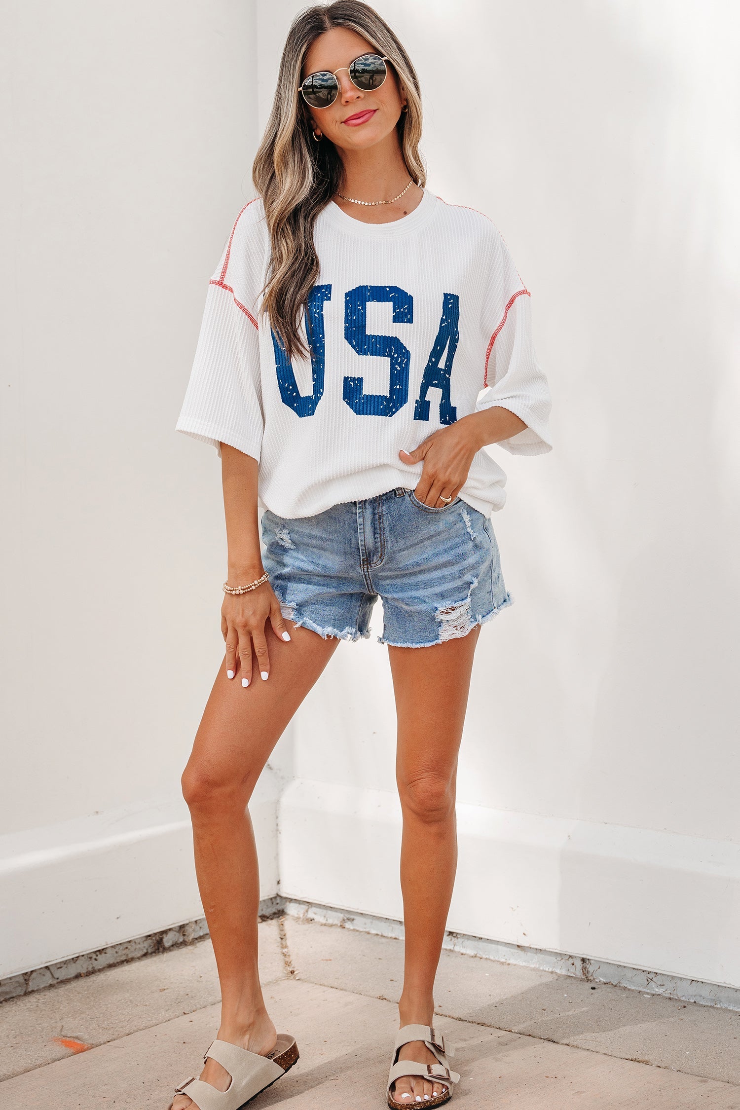 USA Corded Knit Short Sleeve Graphic Top