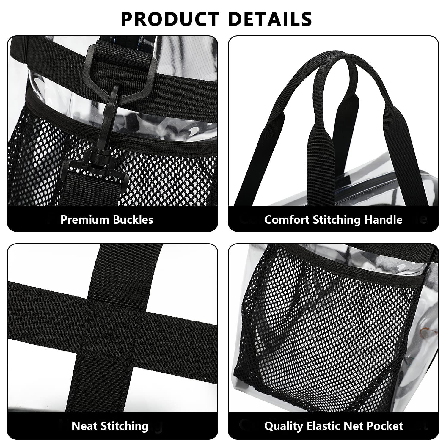 FARMARK Clear Tote Bag Stadium Approved Heavy Duty Crossbody Black Large