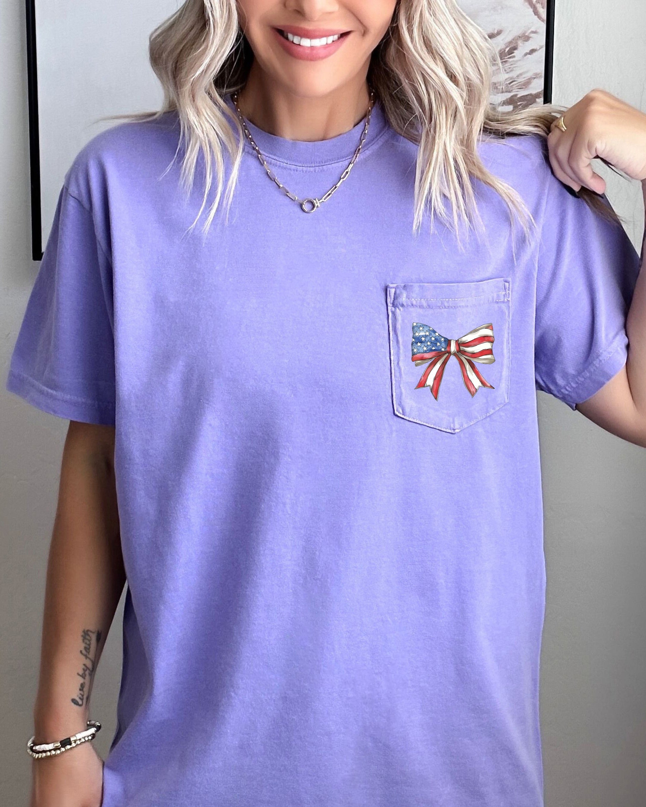 American Flag USA Ribbon Comfort Colors Pocket T-Shirt – Independence Day & Memorial Day Patriotic Tee