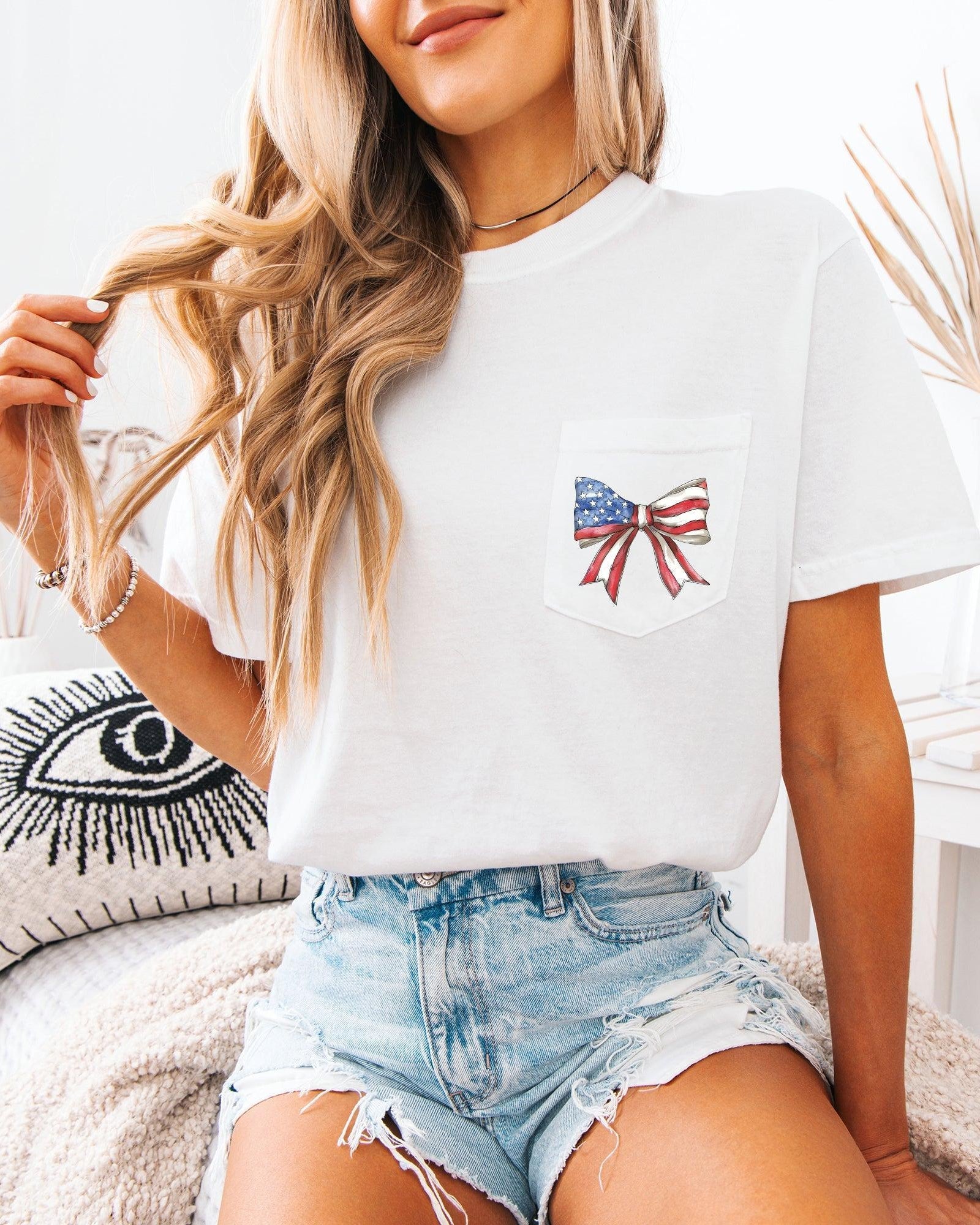 American Flag USA Ribbon Comfort Colors Pocket T-Shirt – Independence Day & Memorial Day Patriotic Tee