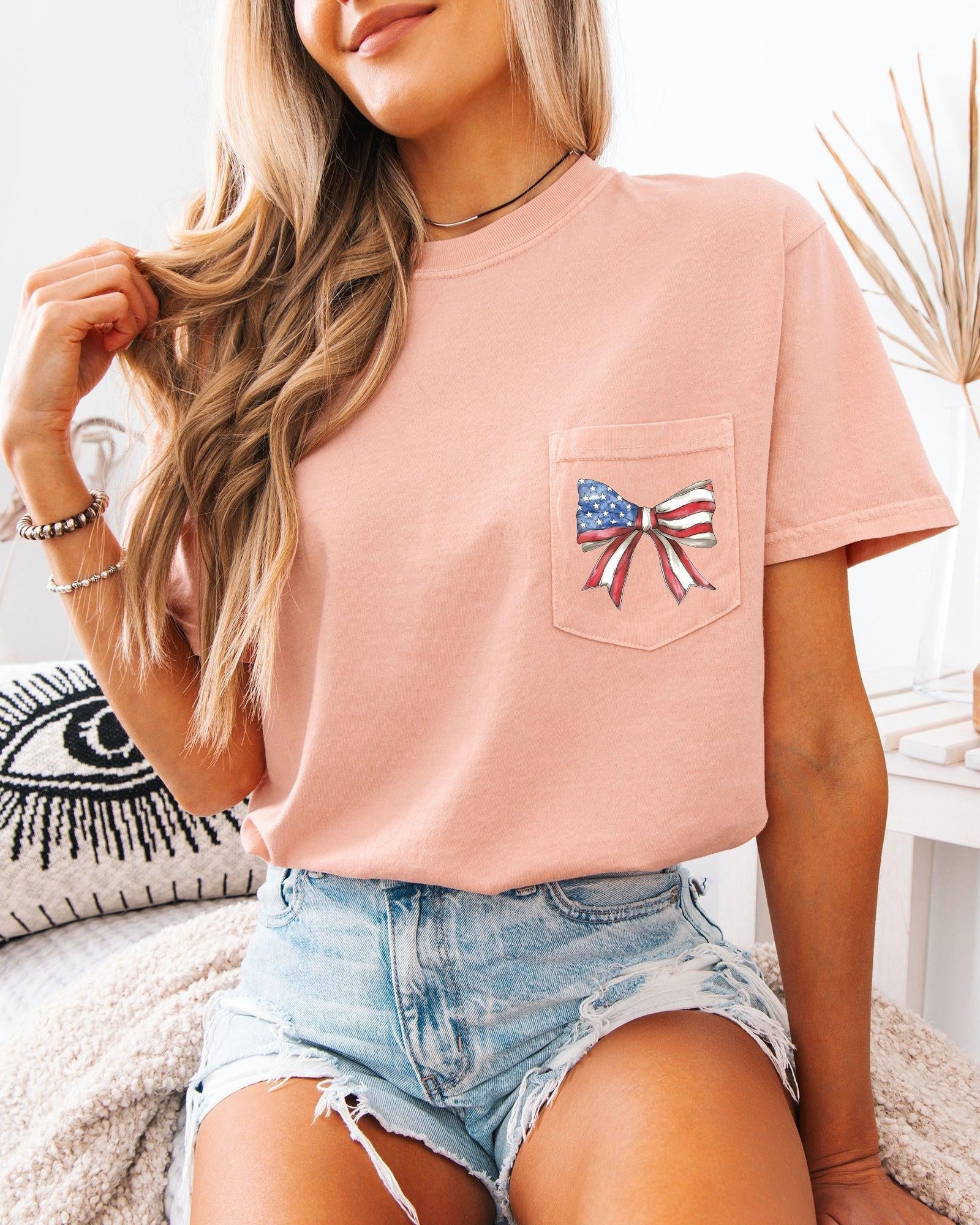 American Flag USA Ribbon Comfort Colors Pocket T-Shirt – Independence Day & Memorial Day Patriotic Tee