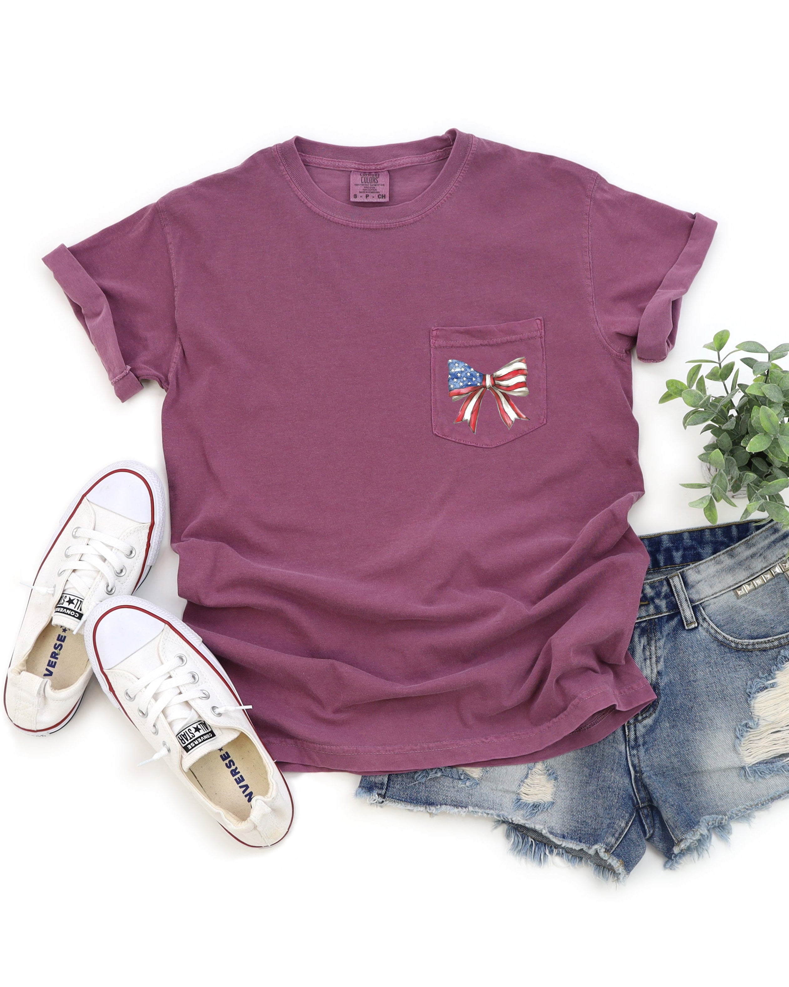American Flag USA Ribbon Comfort Colors Pocket T-Shirt – Independence Day & Memorial Day Patriotic Tee