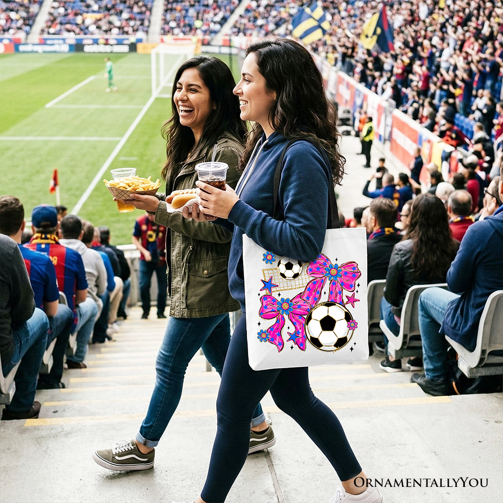 Soccer Coquette Pink Bow Tote Bag, Preppy Game Day Gift Shopper