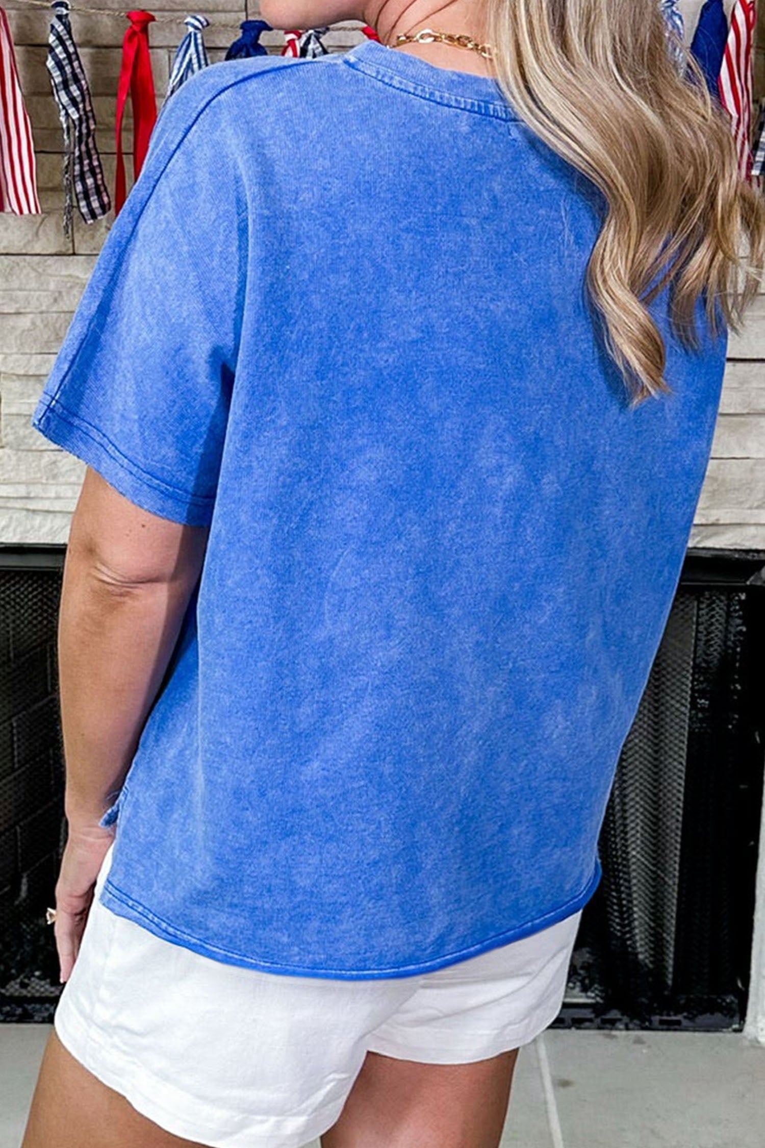 USA Star Patchwork Mineral Wash Notched Neck Tee