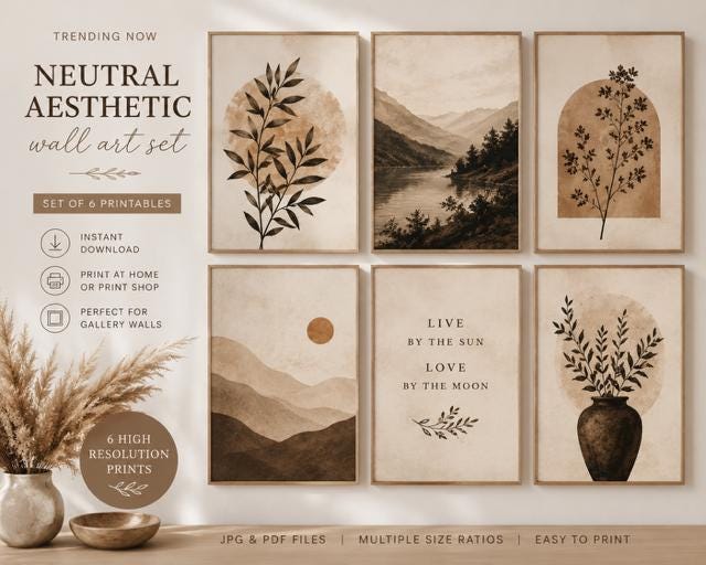 Neutral Aesthetic Printable Wall Art Set of 6 | Boho Botanical Prints | Minimalist Beige Gallery Wall Decor | Instant Download