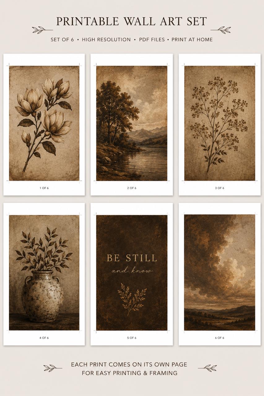 Moody Neutral Printable Wall Art Set of 6 | Vintage Botanical Gallery Wall Prints | Brown Antique Landscape Decor | Instant Download