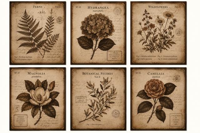 Vintage Botanical Wall Art Set of 6 Printable | Dark Brown Antique Floral Prints | Moody Neutral Gallery Wall Decor | Instant Download Art
