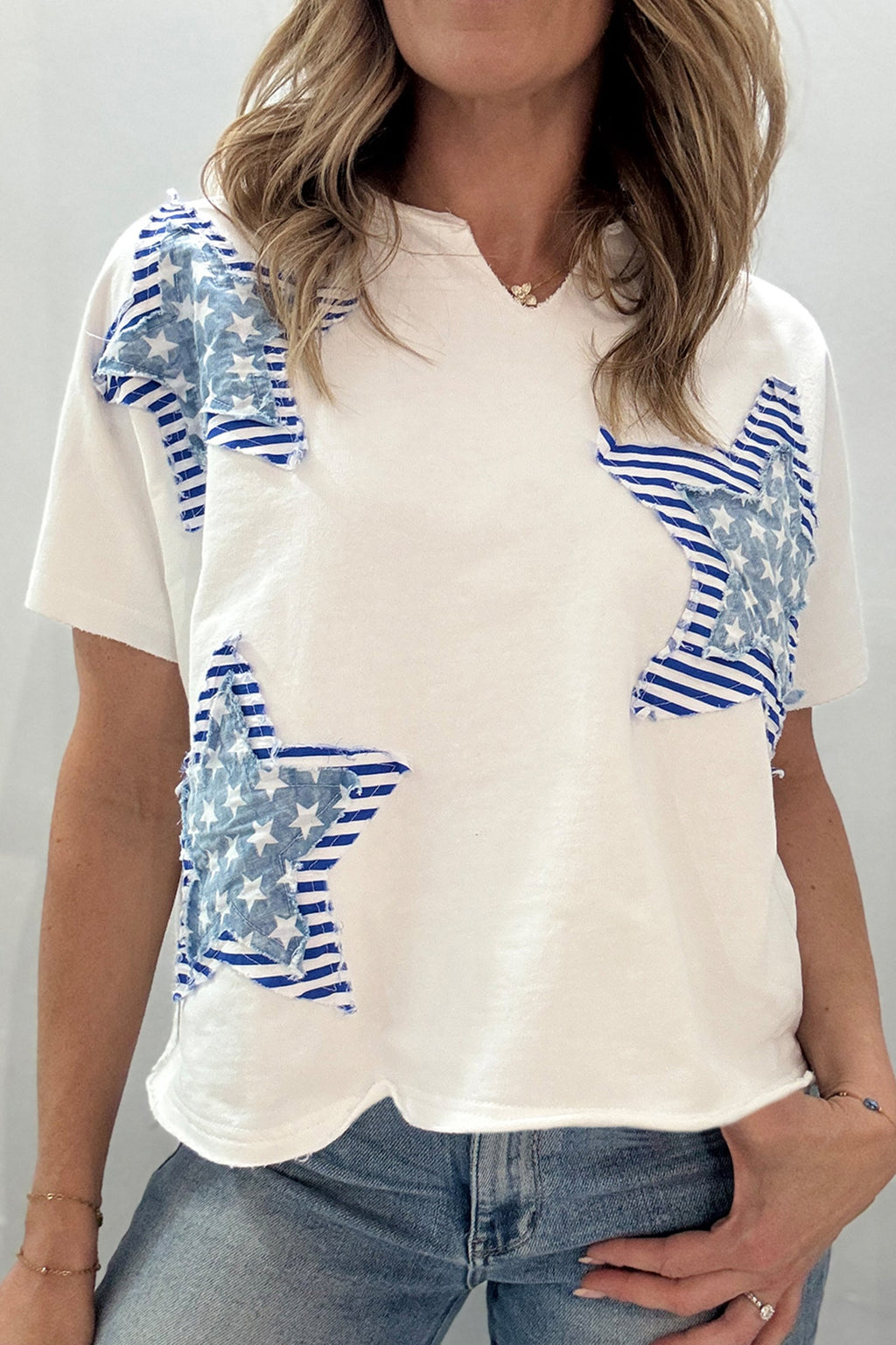 USA Star Patchwork Mineral Wash Notched Neck Tee