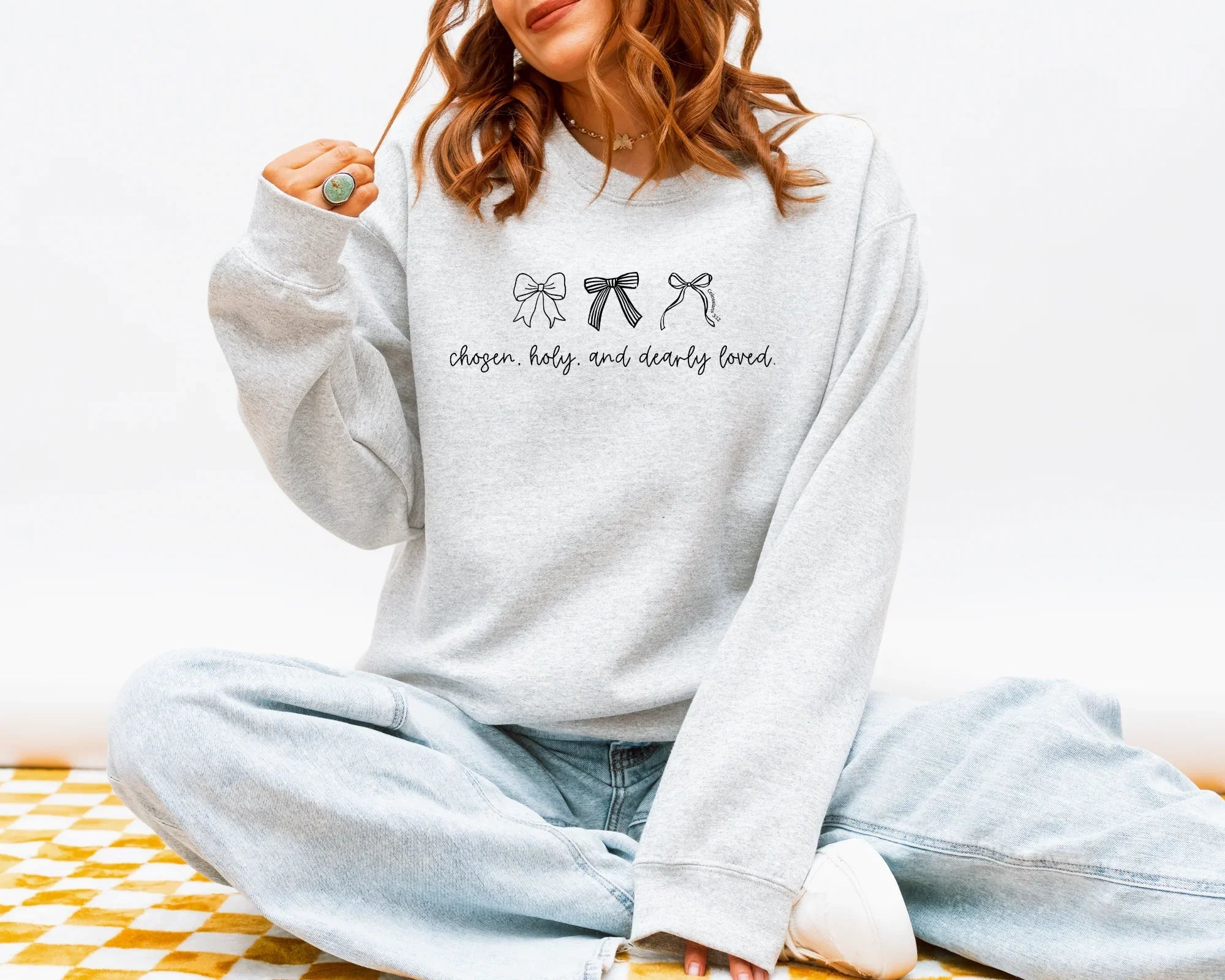 Chosen Holy and Deeply Loved Sweatshirt, Christian Crewneck with Bows, Faith Sweatshirt, Bible Verse Pullover, Cute Christian Gift