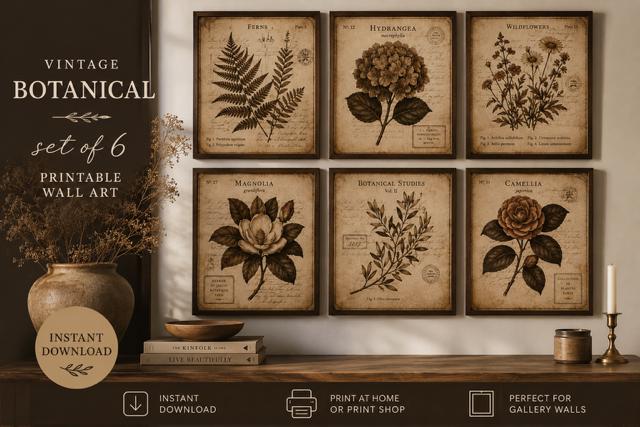 Vintage Botanical Wall Art Set of 6 Printable | Dark Brown Antique Floral Prints | Moody Neutral Gallery Wall Decor | Instant Download Art