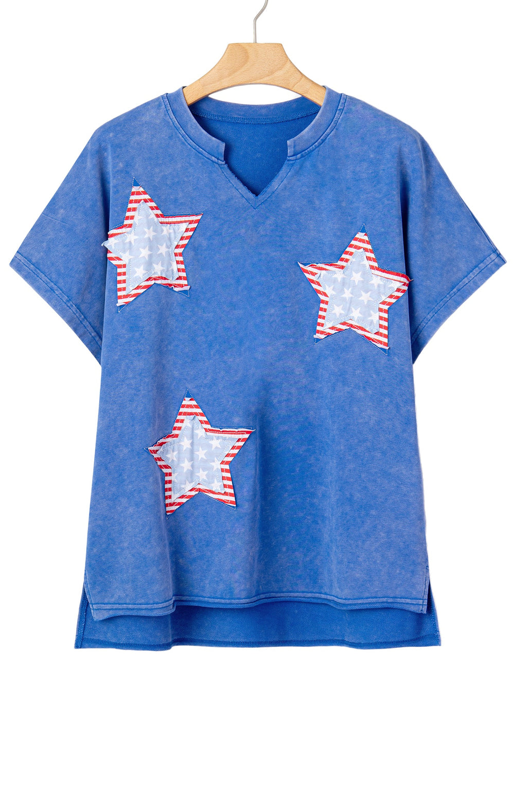 USA Star Patchwork Mineral Wash Notched Neck Tee