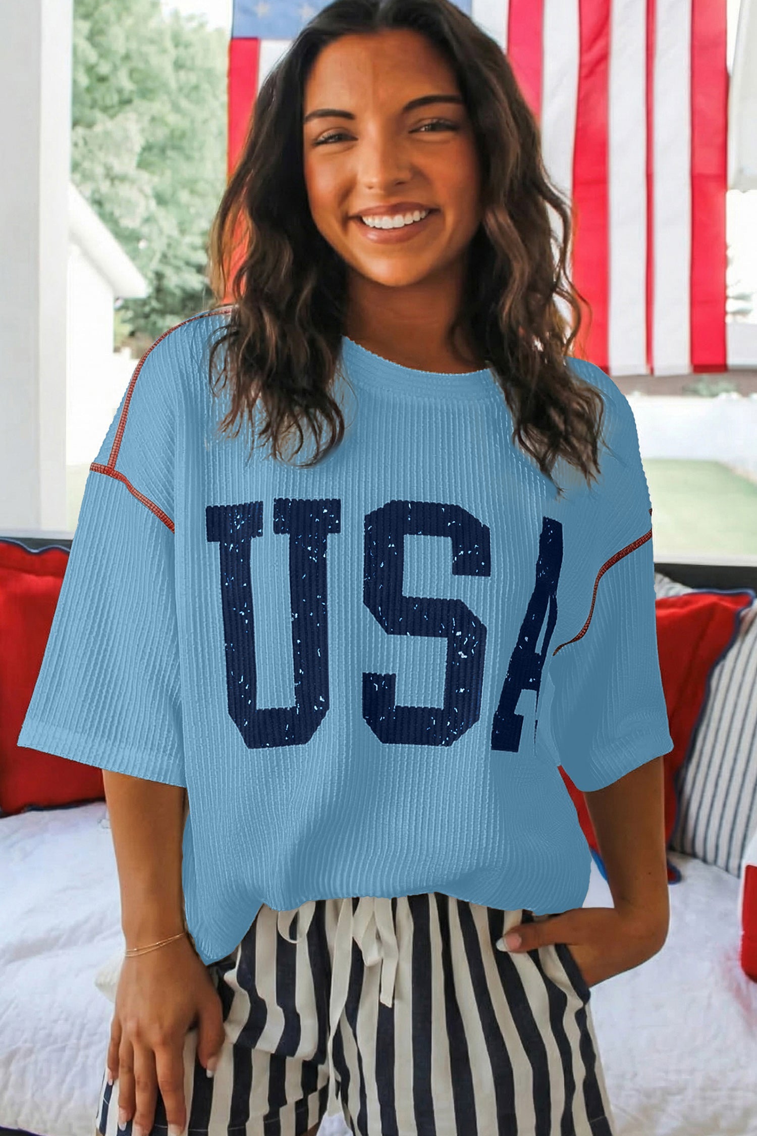 USA Corded Knit Short Sleeve Graphic Top